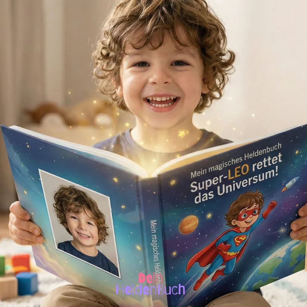 Lachendes Kind liest personalisiertes Superheldenbuch "Super-LEO rettet das Universum" mit magischem Leuchteffekt