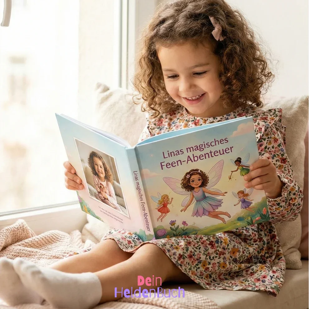 Mädchen liest fröhlich personalisiertes Kinderbuch „Linas magisches Feen-Abenteuer“ zu Hause am Fenster